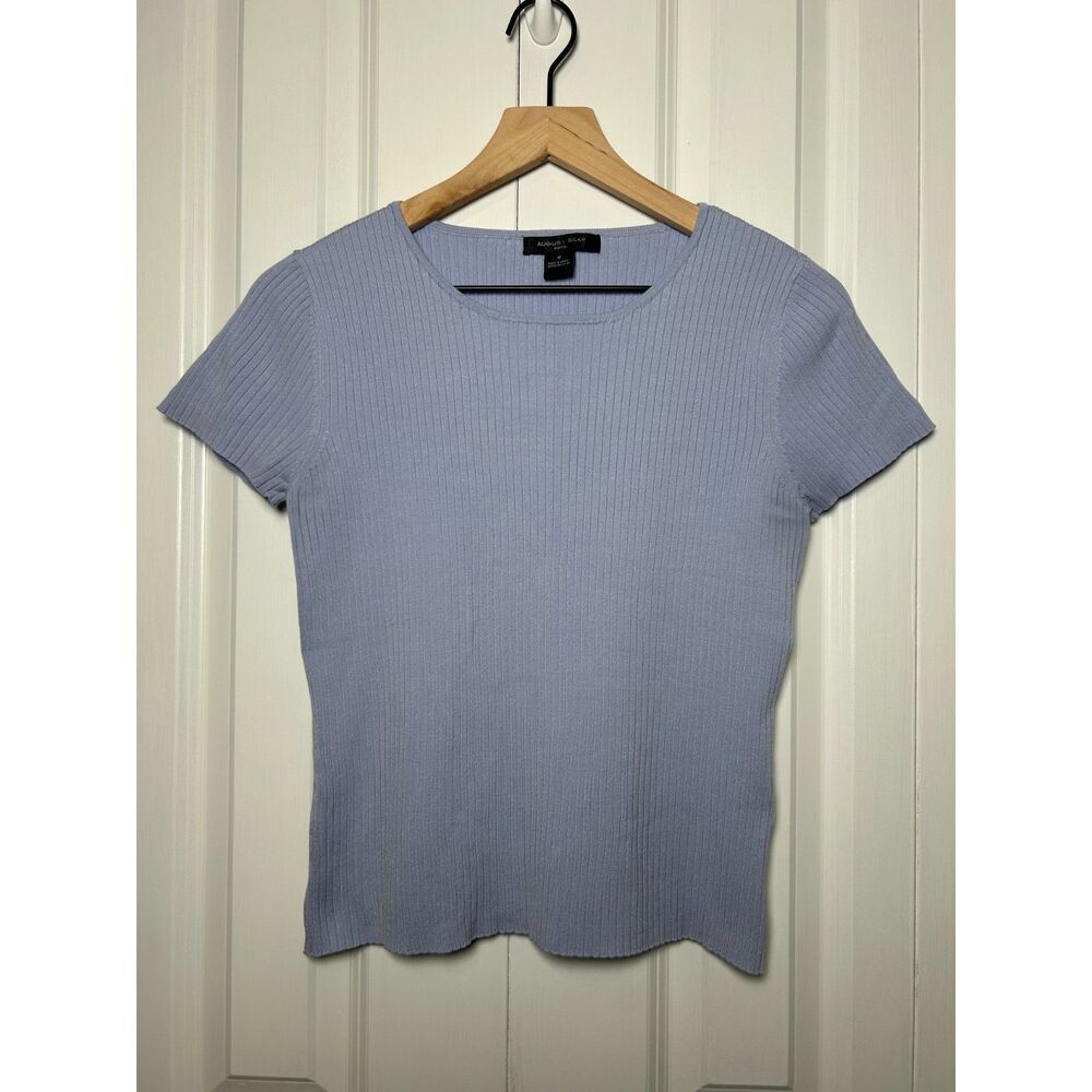 August Silk Knits Blue Ribbed Short Sleeve Sweater Top Medium Silk Blend